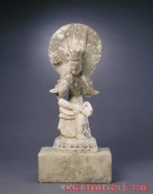 Medium: white marble  Date: 540, the second year of the Xinghe reign of the Eastern Wei Kingdom  Artist(s): Zhi Guangshou   Dimensions: statue: height: 59 cm; stand: length: 26.5 cm, width: 17.7 cm, height: 10.5 cm