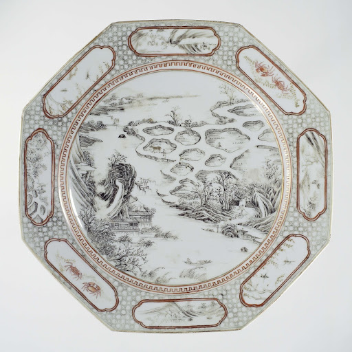 Octagonal plate with a water landscape - Anonymous