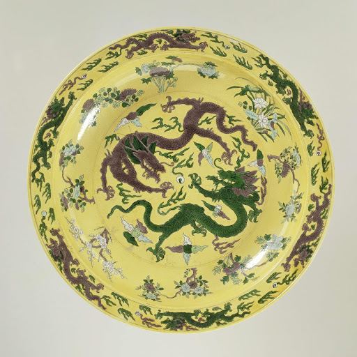 Dish with pearl chasing dragons on a yellow ground - Anonymous