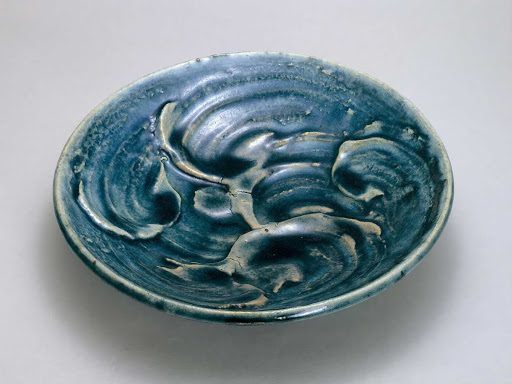 Clay Applied Gosu Blue Dish - Kawai Kanjiro