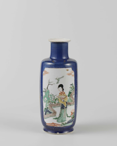 Cylindrical vase with powder blue and a Chinese lady on a terrace - Anonymous