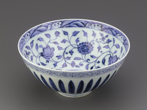 Porcelain bowl with lotus petals on exterior