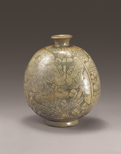 Buncheong Flat Bottle with Sgraffito Lotus and Fish Design - Unknown