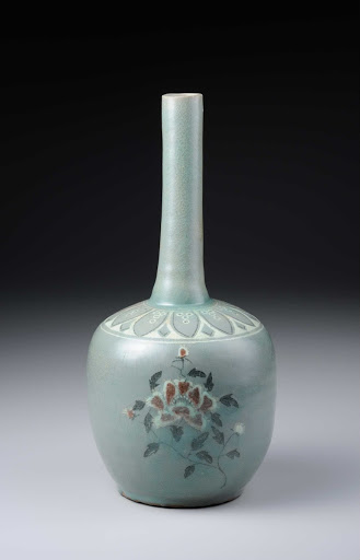 LONG-NECKED VASE, Celadon with peony design in inlay and underaglaze copper-red paint - unknown