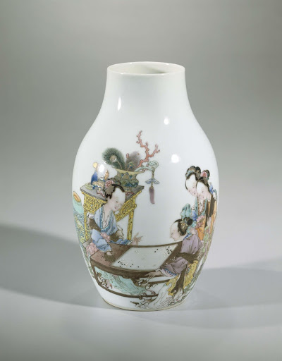 Ovoid vase with four ladies and two children at a table and an inscription - Anonymous