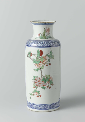 Cylindrical vase with peony and lotus in a cartouche on diaper pattern - Anonymous