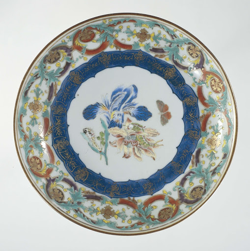 Saucer-dish with flowers, butterfly and ornamental borders - Anonymous