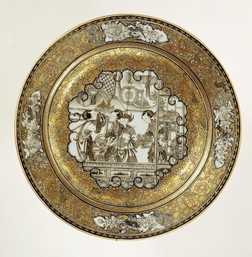 Dish with a Chinese man and the ladies in an interior in a shaped panel surrounded by scrolls - Anonymous