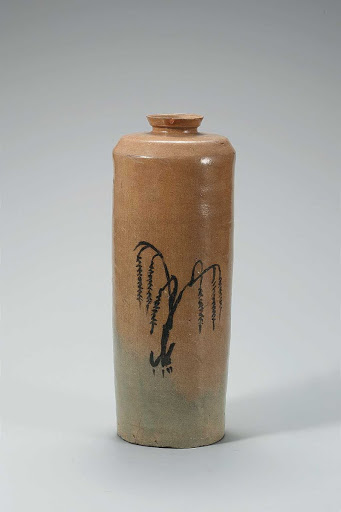 Cylindrical Bottle, Celadon with Willow Design and Iron-brown Underglaze - Unknown