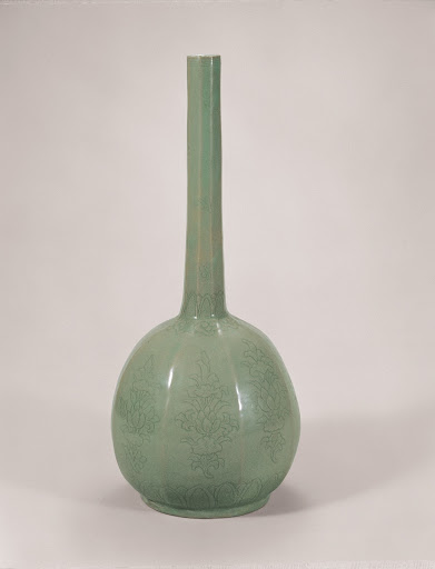 Celadon Octagonal Bottle with Long Neck and Incised Lotus Design - Unknown