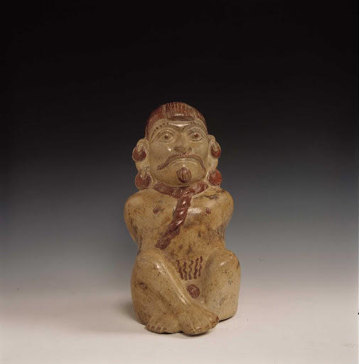 Sculptural ceramic ceremonial vessel that represents a captive warrior-lord ML002043 - Moche style