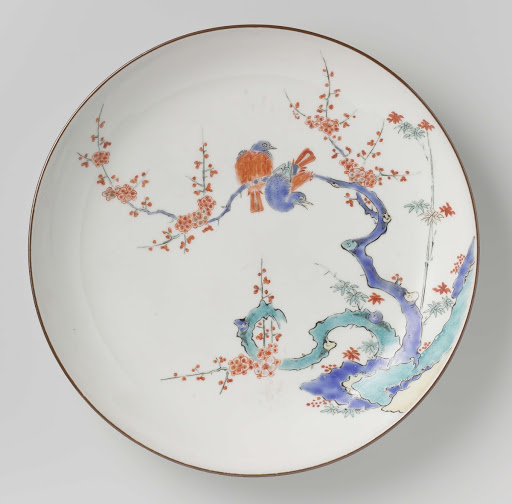 Dish with rocks, bamboo, prunus and birds - Anonymous,