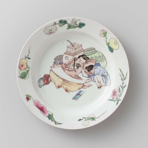 Plate with an man and a boy examining a scroll - Anonymous