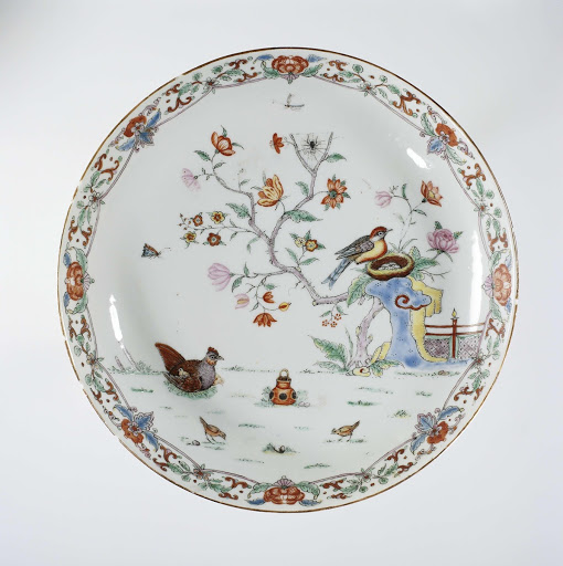 Suacer-dish with birds, insects and a tree near a fence - Anonymous