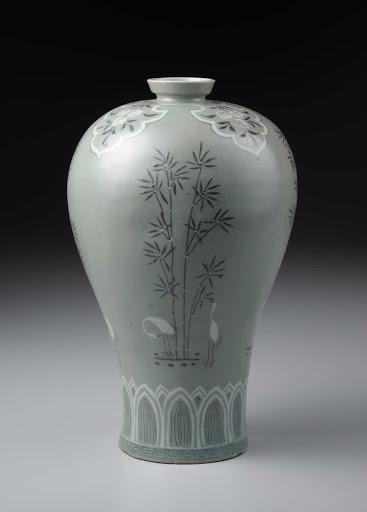 MEIPING VASE, Celadon with inlaid bamboo and crane design - unknown