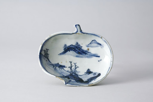 Peach Shaped Dish, One of a Set of Five, Design of Landscape in Underglaze Blue; Kosometsuke Type - Unknown