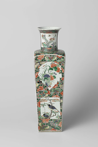 Vase with flower sprays and animals in cartouches in reserve on an aubergine speckled ground - Anonymous