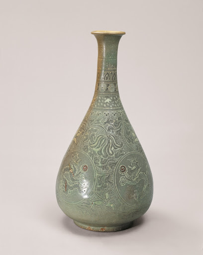 Celadon Bottle with Inlaid Lotus, Scroll, and Dragon Design in Underglaze Copper - Unknown