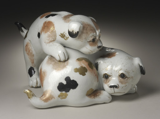 Okimono in the Form of a Pair of Gamboling Piebald Puppies - Unknown