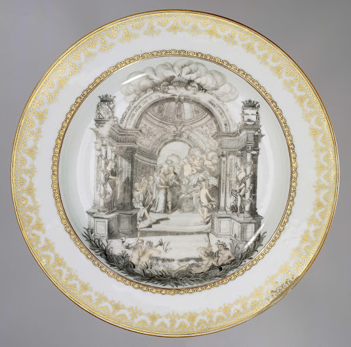 Plate with an allegorical image and the coat of arms of the Geelvinck and Graafland families - Anonymous
