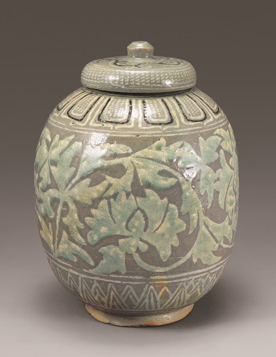 Buncheong Lidded Jar with Inlaid Peony and Scroll Design - Unknown