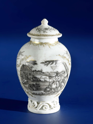 Ovoid tea caddy with a European country scene in two panels with flower sprays in between - Anonymous