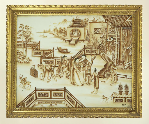 Plaque van porselein met figuren bij paviljoens in sepia - Anonymous