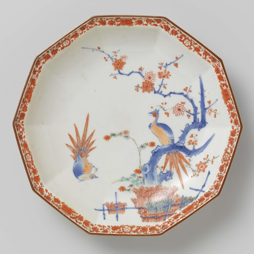 Decagonal dish with brushwood fences, bamboo, prunus and pheasants - Anonymous