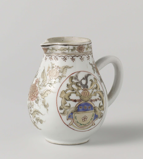 Pear-shaped milk jug with a coat of arms and flower scrolls - Anonymous