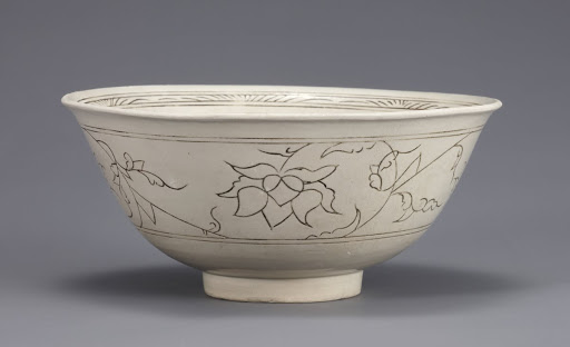 Bowl, White Porcelain with Inlaid Lotus Scroll Design - Unknown