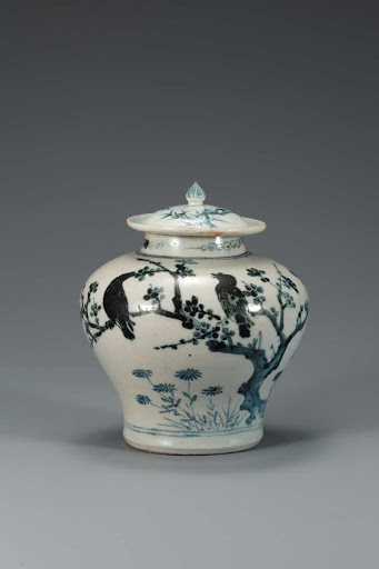 Jar, White Porcelain with Plum, Bamboo, and Bird Design in Cobalt-blue Underglaze - Unknown