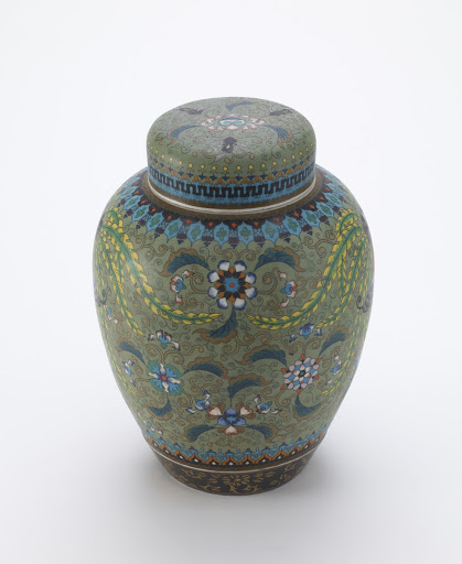 Cloisonne-on-porcelain tea cannister with double lid, Seto ware and Nagoya workshop, one of a pair with F1984.33a-c - Artist: Takenouchi Chubei