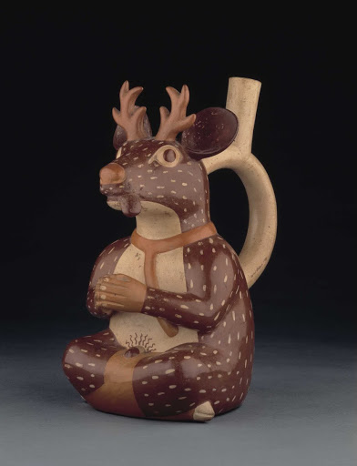 Sculptural ceramic ceremonial vessel that represents an anthropomorphic captive deer ML010499 - Moche style