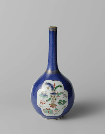 Pear-shaped bottle vase with powder blue, flower sprays and antiquities - Anonymous