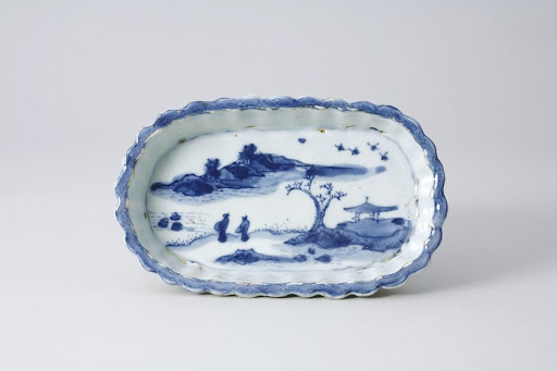 Dish, One of a Set of Five, Design of Figure and Landscape in Underglaze Blue; Kosometsuke Type - Unknown