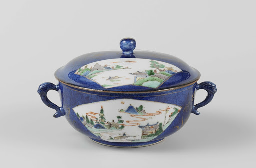 Covered bowl with powder blue and river landscapes - Anonymous