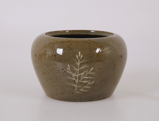 Mizusashi water container with inlay of young pine design, Yatsushiro Ware - Agano Noguma (1795-1871)