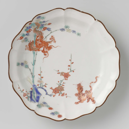 Lobed dish with dragon, tiger, bamboo and prunus - Anonymous