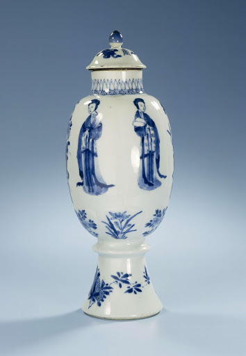 Ovoid covered vase with Chinese ladies, flower sprays and vases - Anonymous