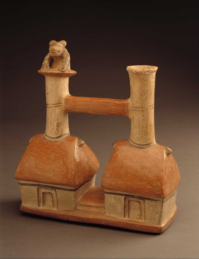 Whistling ceramic vessel that represents roofed structures and a feline ML031665 - Chimu-Inca style
