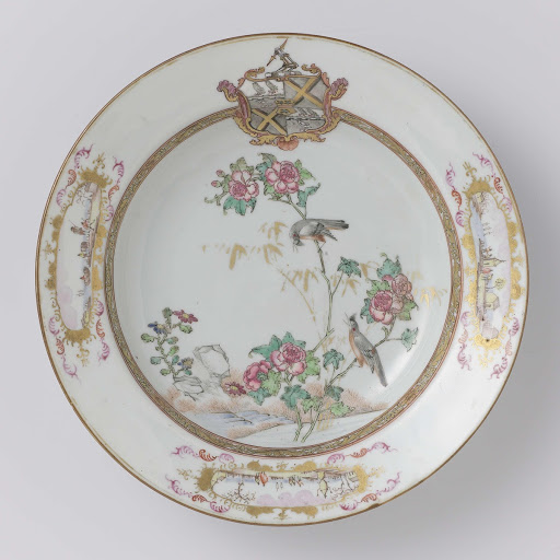 Soup plate with two birds and flowering plants near a rock and the arms of the Thompson family - Anonymous