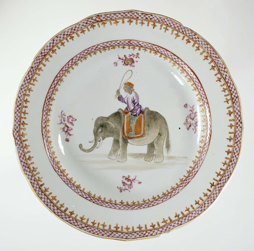 Plate with a mahout on an elephant, flower sprays and ornamental borders - Anonymous