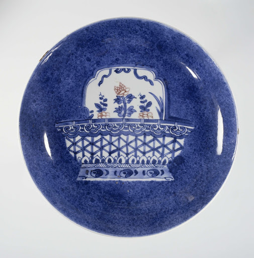 Saucer-dish with powder blue and flower basket - Anonymous