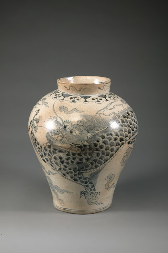 Blue and White Porcelain Jar with Cloud and Dragon Design - Unknown