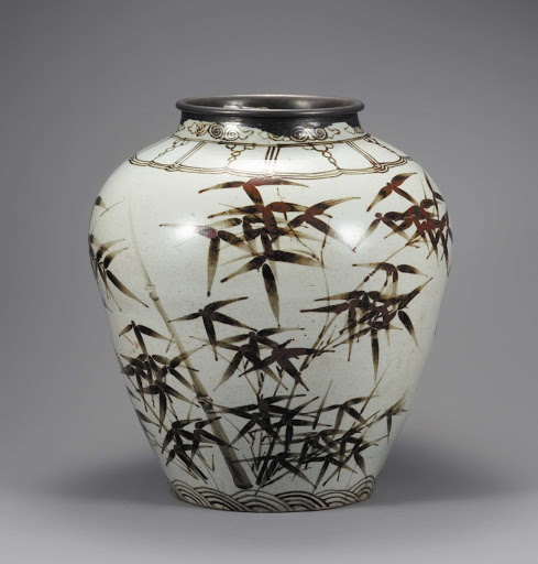 Jar, White Porcelain with Plum and Bamboo Design in Iron-brown Underglaze - Unknown