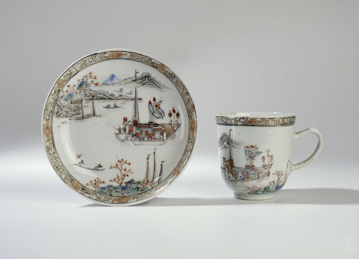 Chocolate cup and saucer with a river landscape with ships - Anonymous