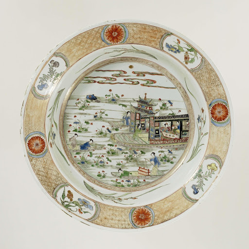 Basin with several boats on a river filled with lotus plants - Anonymous