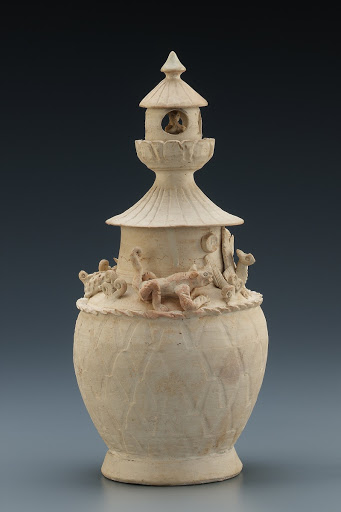 Jar with building, praying human figure, and animals of the four directions