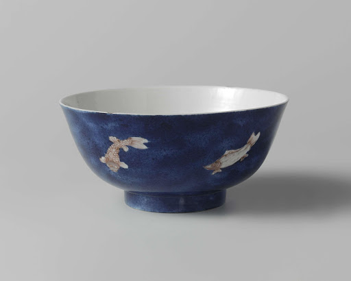 Bowl with powder blue and six fish in underglaze red - Anonymous