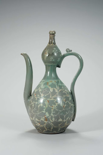 Gourd-shaped Pitcher, Celadon with Inlaid Peony Scroll Design - Unknown